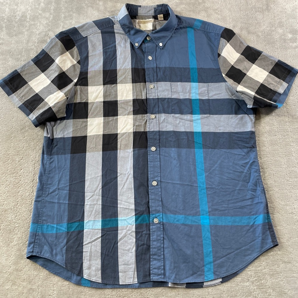Burberry Brit Shirt Mens XL Blue Oversized Nova Check Short Sleeve Button